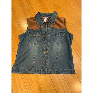 Stonebridge Blue Jean Vest Women Petite Medium Western Aztec Southwestern Fringe